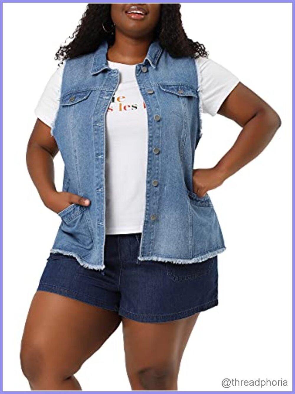Women's Plus Size Sleeveless Denim Utility Vest Frayed Hem Cotton Layer